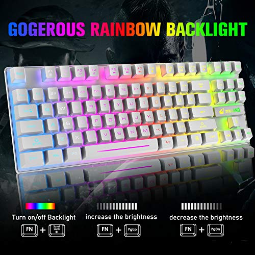 Wireless Membrane Gaming Keyboard and Mouse Set with 87Key Tenkeyless-White | Rainbow LED Backlight,Rechargeable 3800mAh Battery,Anti-ghosting,Ergonomic,Waterproof,RGB Mute Mice for Computer PC Mac Gamer - color: White