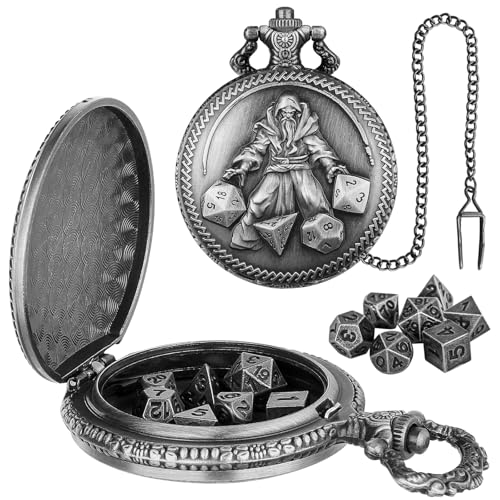 GEAoffice DND Dice Set with Vintage Wizard Pocket Watch Case, Solid Metal Tiny Dice for Tabletop Role Playing Games, Fantasy RPG Gaming & Math Games, Unique DND Gift for Men/Women - color: Antique Silver Wizard