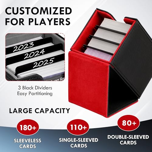 180+ Card Deck Box with 3 Dividers and Game Dice | red, dustproof, waterproof leather holds 180+ sleeved cards 110+ single-sleeved cards, 80+ double-sleeved - color: Red