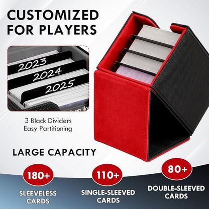 180+ Card Deck Box with 3 Dividers and Game Dice | red, dustproof, waterproof leather holds 180+ sleeved cards 110+ single-sleeved cards, 80+ double-sleeved - color: Red