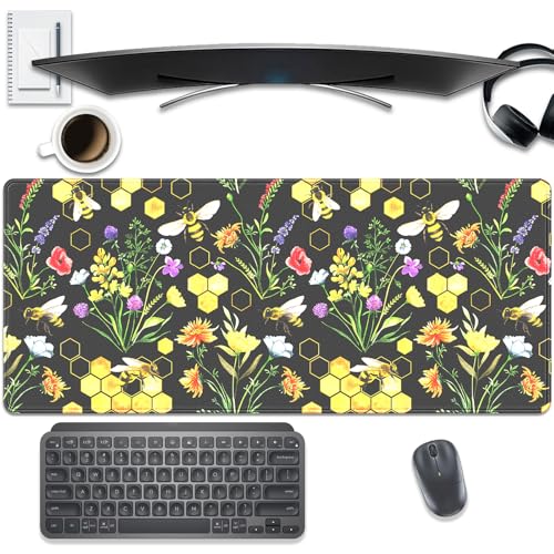 Bees and Honeycombs Mouse Pad,XL Large Wildflowers Mousepad Desk Pad with Stitched Edges,Non-Slip Waterproof Rubber Base Mouse Mat Desk Mat for Office Computer Keyboard Laptop Home 27.5x11.8 in - color: Bees and Flowers