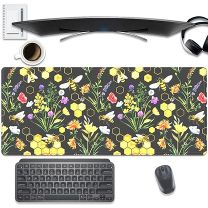 Bees and Honeycombs Mouse Pad,XL Large Wildflowers Mousepad Desk Pad with Stitched Edges,Non-Slip Waterproof Rubber Base Mouse Mat Desk Mat for Office Computer Keyboard Laptop Home 27.5x11.8 in - color: Bees and Flowers