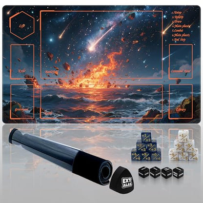 MTG Playmat with Storage Tube & 7-Dice Set - Waterproof TCG Playmat with Stitched Edges, Non-Slip Rubber Card Game Mat (24"x14") (playmat with Zones, Glowing River Landscape) - color: Glowing River Landscape, style: playmat with zones