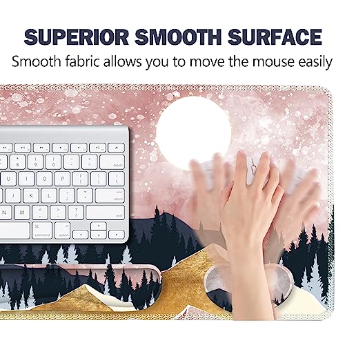 ARTSO Extended Gaming Mouse Pad Set, Keyboard Wrist Rest Support Pad + Wrist Cushion + XXL Large Mouse Pad + Coaster, Stitched Edge, Non-Slip, Memory Foam Desk Mat, Pink Abstract Mountain - color: Pink Abstract Mountain