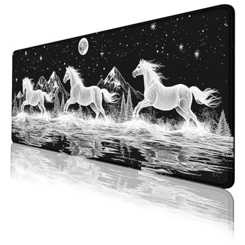 Wild Horses Mouse Pad, Black White Moon Mountain Gaming Desk Mat with Stitched Edges,Non-Slip Waterproof Rubber Base Mouse Mat, 31.5x11.8in Desk Home Office Gaming - color: Wild Horses, size: 31.5x11.8in