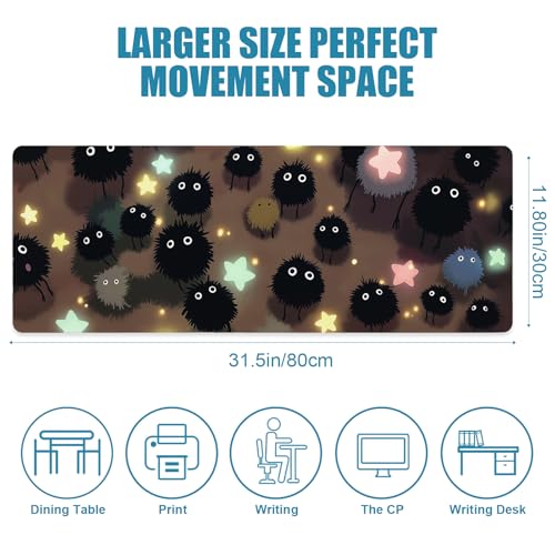Gaming Mouse Pad, Large Mousepad XL Extended, Desk Mat, Computer Keyboard Mat, Non-Slip Stitched Edges Rubber Base, Home&Office, 31.5x11.8in, Japanese Anime Cute Black Dust Fairy Design - color: Dust Fairy