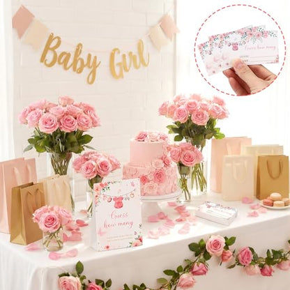 Floral Guess How Many Baby Shower Game Pack of 1 Tabletop Sign with Stand and 50 How Many Cards, Pink Clothes Gender Reveal Party Game Decoration - style: Floral