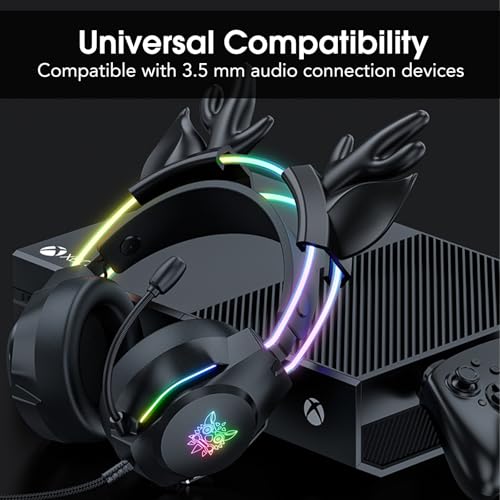 Gaming Headset with Microphone, Deer Ears Headphones for PC Laptop PS4 PS5 Xbox Switch, Rainbow RGB Lighting & Virtual Surround Sound, 3.5mm Over Ear Headphones, Ergonomic - color: Black Deer Ear
