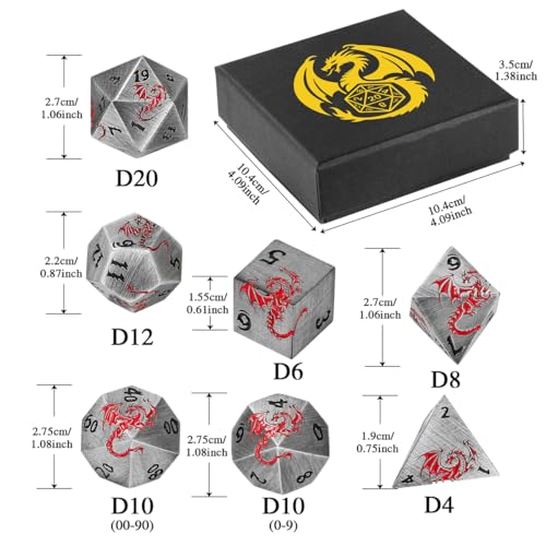 Metal Dice Set, Flat Face Design Dragon Pattern, 7pcs Polyhedral Metal DND Dice Set, DND Starter Set, D&D Gifts with Gift Box, Role Playing Board Games Accessories, Silver - color: Silver