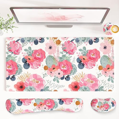 QIYI PU Leather Desk Mat Set, 4-in-1 Ergonomic Wrist Rest, Pink Flowers | Waterproof Large Mouse Pad 31.5×15.7 + Keyboard Wrist Rest + Mouse Wrist Support+Coaster, Non-Slip Office Gaming Accessories - color: Watercolor Pink Flowers