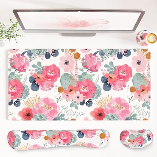 QIYI PU Leather Desk Mat Set, 4-in-1 Ergonomic Wrist Rest, Pink Flowers | Waterproof Large Mouse Pad 31.5×15.7 + Keyboard Wrist Rest + Mouse Wrist Support+Coaster, Non-Slip Office Gaming Accessories - color: Watercolor Pink Flowers