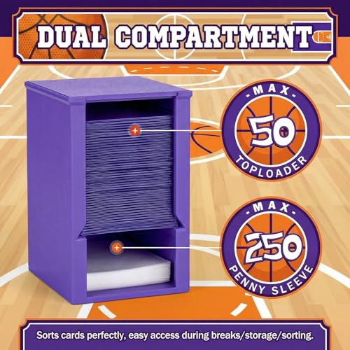 Toploader Dispenser & Penny Sleeve Holder - Dual Compartment Holds 250 Penny Sleeves & up to 50 Top Loaders, Stackable Card Storage Box with Dustproof Lid (Purple) - color: Purple