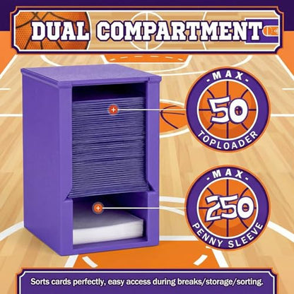 Toploader Dispenser & Penny Sleeve Holder - Dual Compartment Holds 250 Penny Sleeves & up to 50 Top Loaders, Stackable Card Storage Box with Dustproof Lid (Purple) - color: Purple