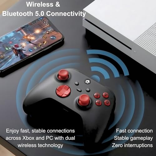 CRUAYA Wireless Gaming Controller Compatible with Xbox Series X|S, Xbox One and Windows PC with Rechargeable 1400mAh Battery Display, Bluetooth Gaming Controller, USB-C, 3.5mm Audio Jack, Black and Red Design