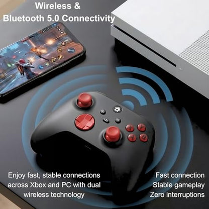 CRUAYA Wireless Gaming Controller Compatible with Xbox Series X|S, Xbox One and Windows PC with Rechargeable 1400mAh Battery Display, Bluetooth Gaming Controller, USB-C, 3.5mm Audio Jack, Black and Red Design