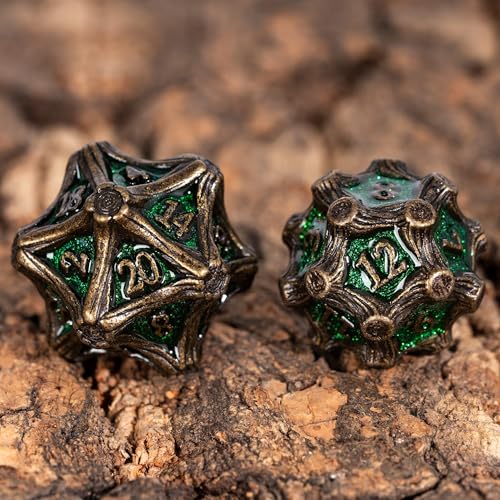 7PCS Metal DND Dice Bronze Green Metal Dice Set D&D for Board Games | Leather Storage Bag, DM Gift, for Dungeons and Dragons Role Playing Games - color: Metal Tree-bronzegreen