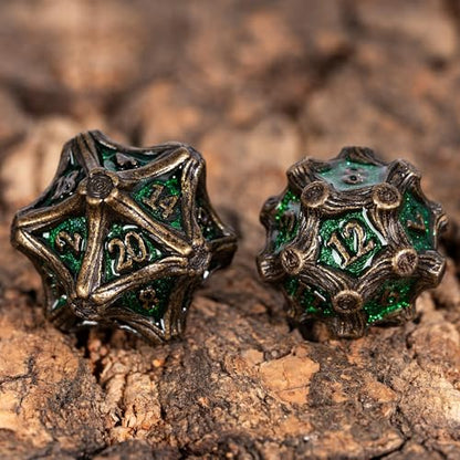 7PCS Metal DND Dice Bronze Green Metal Dice Set D&D for Board Games | Leather Storage Bag, DM Gift, for Dungeons and Dragons Role Playing Games - color: Metal Tree-bronzegreen