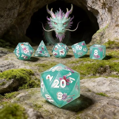 DND Resin Sharp Edge Polyhedral Dice Set,for Dungeons and Dragons RPG MTG Table Games,7 Pcs Handmade Dice Set - color: Emerald Bud