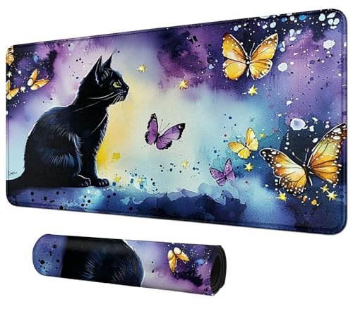 Black Cat with Butterflies for MTG & TCG Playmat Mouse Pad,BFDHGQZC 24" x 14" Game Mat for MTG/RPG/CCG Trading Card Game Playmats Table Mat Perfect for Card Games Video Games Computer Office - color: Black Cat With Butterflies