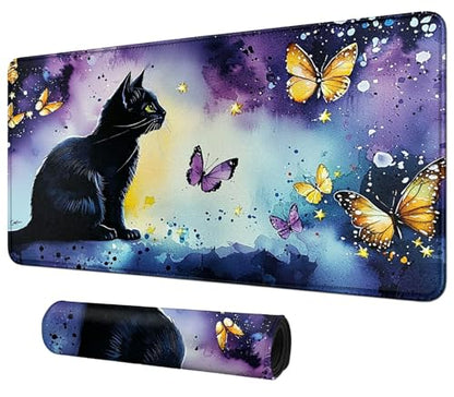 Black Cat with Butterflies for MTG & TCG Playmat Mouse Pad,BFDHGQZC 24" x 14" Game Mat for MTG/RPG/CCG Trading Card Game Playmats Table Mat Perfect for Card Games Video Games Computer Office - color: Black Cat With Butterflies