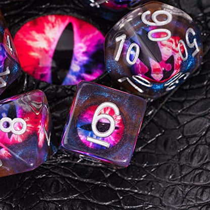 Cusdie 7-Die DND Dice, Polyhedral Dice Set Filled with Eyeball, for Role Playing Game D&D Dice (Orange Eyeball) - color: Orange Eyeball