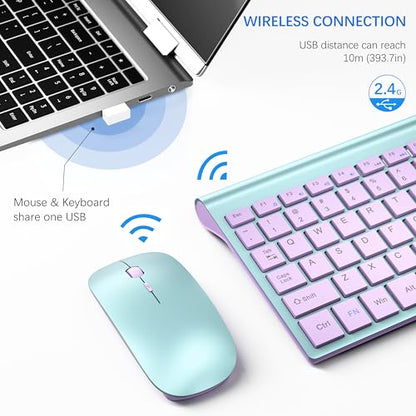 Wireless Keyboard and Mouse Ultra Slim Combo, TopMate 2.4G Silent Compact USB 2400DPI Mouse and Scissor Switch Keyboard Set with Cover, Batteries Included, for PC/Laptop/Windows/Mac - Blue Purple - color: Blue Purple