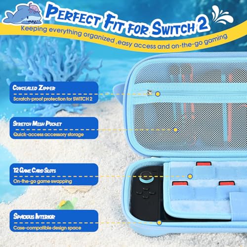 GeekShare Portable Carrying Case Compatible with Switch 2 (2025), Hard Storage Bag with 12 Game Card Slots, Cute Travel Case for Switch 2 Console and Accessories, Shark - size: Switch 2