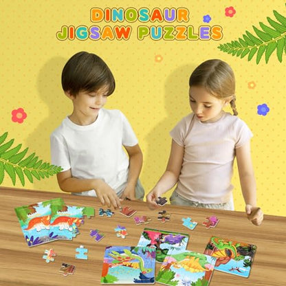SANNIX 12 Pack Dinosaur Wooden Jigsaw Puzzles with Organize Bags, Dinosaurs | Animals Toddlers Puzzles for Kids Ages 3 4 5, Party Favors Educational Learning Travel Toys for Boys Girls - style: Dinosaurs