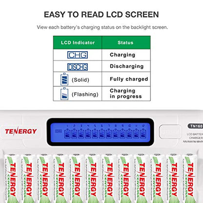Tenergy 12 Pack Centura AA Rechargeable Batteries and TN160 12-Bay Smart Battery Charger, 12 Pack AA Low Self-Discharge Batteries and Charger for Remote Controllers, Toys, and More - size: Charger + 12 Pack Centura AA