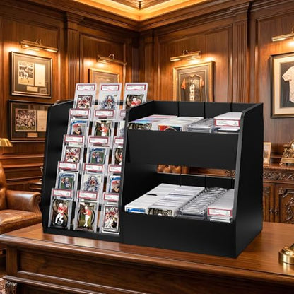 5-Tier Trading Card Display Case Stand- Holds Up to 200 Cards,Wood Sports Graded Card Display,Card Stand for Sports Baseball Cards,Card Game Collection & Show