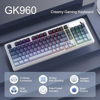 MageGee GK960 Wireless Keyboard, 98 Keys Tri-Mode BT/2.4G/Wired Membrane Gaming Keyboard, RGB Creamy Keyboard with Number Pad, Knob Control, Side Printed Keycaps, 4000mAh Battery - Black & Blue - color: Black & Blue