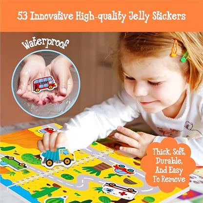 Reusable Jelly Sticker Book, 53 Vehicle Thick Jelly Stickers Waterproof Gel Cling Decals Transportation Themed Busy Book Hands-on Activity Travel Game Educational Learning Toys for Toddlers, Kids