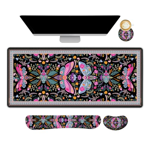 ARTSO Black Desk Mat Set, Extended Gaming Mouse Pad with Wrist Rest Support +Keyboard Wrist Rest +Coaster, Large Cute Butterfly Mousepad, Colorful Butterfly - color: Colorful Butterfly