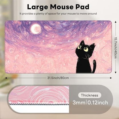 Large Gaming Mouse Pad, XL Desk Protector, Non-Slip Base | 31.5x15.7 in Extended Desk Mat with Stitched Edges for Keyboard, Work, Game, Office, Home PC and Laptop - color: Starry Cat