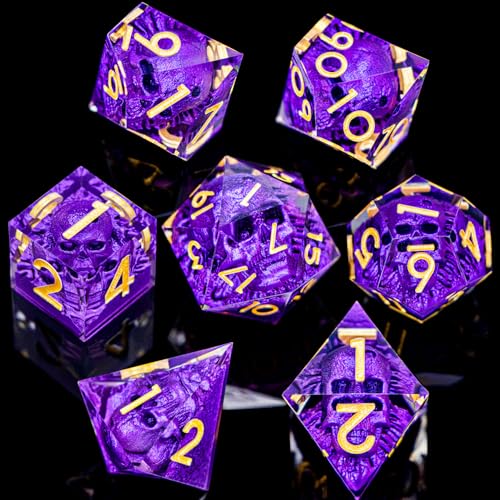 DND Skull Dice Set 7PCS Necromancer Polyhedral Dice for Dungeons Dragons RPG Role Playing Game, Resin Sharp Edged D and D Dice with Gift Box D6 D8 D10 D12 D20 (Purple) - color: Purple&gold
