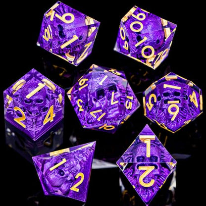DND Skull Dice Set 7PCS Necromancer Polyhedral Dice for Dungeons Dragons RPG Role Playing Game, Resin Sharp Edged D and D Dice with Gift Box D6 D8 D10 D12 D20 (Purple) - color: Purple&gold