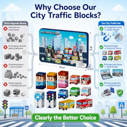 Strong Magnetic Travel Blocks：Great for on-the-go Play Ages 3-8 | Ideal Travel Play for Car Backseats & Airplane Tray Tables-City Traffic Magnetic Blocks Set for Kids - style: City Traffic 100
