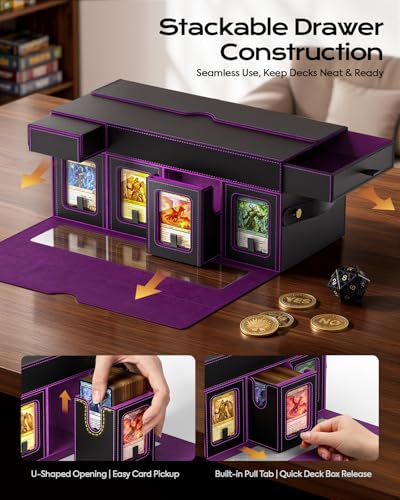MoKo Commander Deck Box for MTG with Handle & Dice Tray, 8+2 Modular Design | 8-Deck Modular Card Case, Magnetic Holders & Dividers Included, Holds 1040+Double-Sleeved Cards, Playmat Storage, Fit TCG/EDH - color: Black Purple
