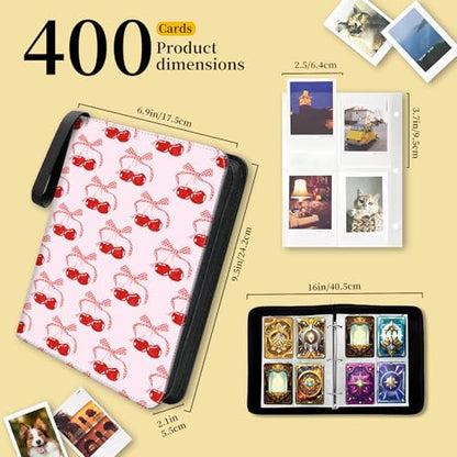 AXUASSILD 4 Pocket Card Binder, Premium Trading Card Holder Fits 400 Cards With 50 Removable Sleeves, Cute Portable Collection Card Ablum Holder Funny Cute Cherry Bow - color: Funny Cute Cherry Bow