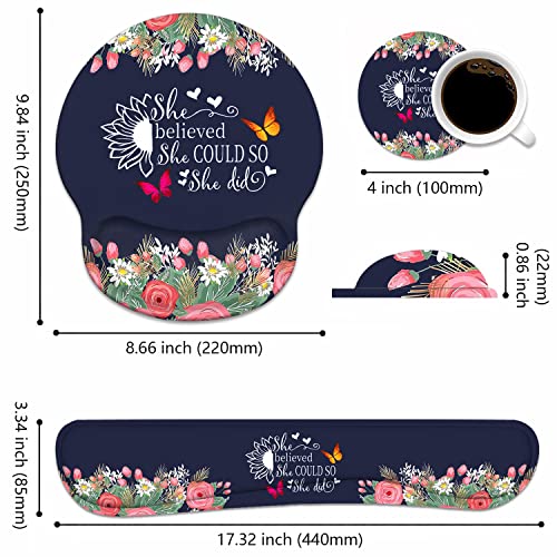 Keyboard Wrist Rest + Mouse Pad Wrist Support Set with Coasters, She Believed She Could So She Did Inspirational Quote Design Non-Slip PU Base Ergonomic Mousepad for Home Office Working Studying - color: She Believed She Could So She Did-2