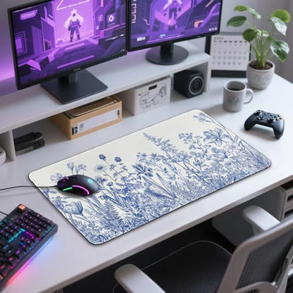 Blue Floral Large Gaming Mouse Pad Desk Mat 31.5"x15.7" Non Slip | Extended Mousepad, Non-Slip Rubber Base , Stitched Edges, for Computer/Laptop/Office/Home - color: Narcissus