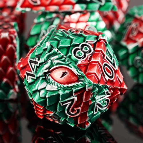 Dragon Eye Metal Dice Set - 7 Pcs Dragon Scale Metallic D&D Dice, Gift Box for Dungeons and Dragons Tabletop Game (Red, Green Dragon Scale & Red Eye) - color: Red Green Dragon Scale & Red Eye