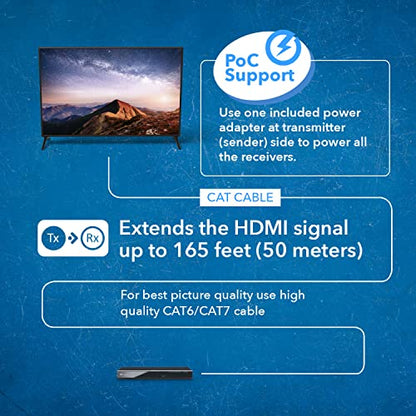 OREI 4K 1x2 HDMI Over ethernet Extender Splitter Over CAT6/7 ethernet Cable 4K@30Hz up to 165 ft - 1 in 2 Out, 1080P@60Hz Upto 230 ft, PoC, IR Control, EDID, HDMI Loop Out (HD12-EX165-K)