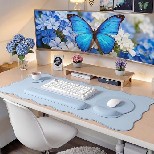 Sabary Scalloped Desk Mat Keyboard Mouse Pad Set 31.5 x 15.7 Inch Blue Table Mat Keyboard Wrist Rest Cute Preppy Mouse Pad with Wrist Rest Coaster Ergonomic Non-Slip Waterproof Gaming Desk School - color: Blue, size: 31.5 x 15.7 Inch