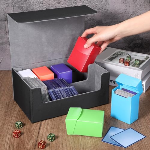 Yexiya 7 Pcs Deck Card Boxes, 1 Leather Deck Storage Case with 6 Plastic Trading Card Storage Box for Playing Mtg Tcg(Black, Gray)