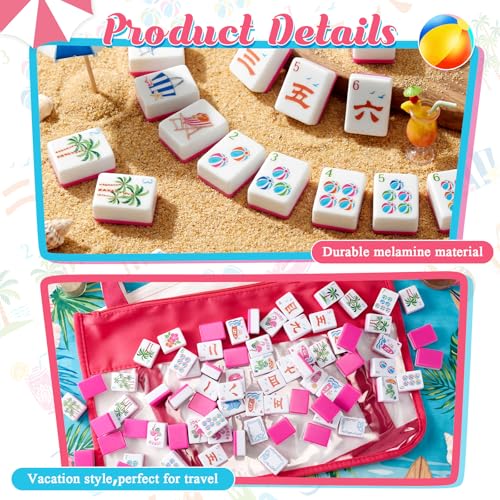 Soulchen 1.2 Inch Summer Beach Themed American Mahjong Tiles Set | Complete 168 Hawaii Melamine Tiles with Dice Large Tote Bag Portable Pouch for Travel Game Night Vacation Collection Gift - color: Rose Red, style: Beach Vacation
