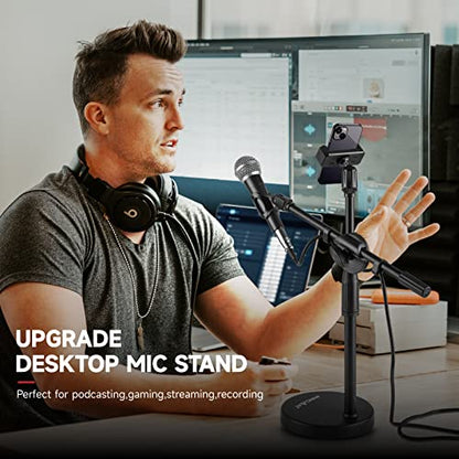 Microphone Stand Desk Adjustable Desktop Microphone Stand with Boom Arm Upgraded 3 in 1 Table Phone/Mic Stand with Microphone Clip,Cell Phone Clip,3/8" to 5/8" Adapter for Universail Mic