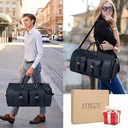Garment Bag for Travel Convertible Carry on Travel Duffel Bag for Men Women | 3PCS Large Weekender Bag with Waterproof Shoes Pouch 2 in 1 Hanging Clothes Suit Dress Bag Travel Garment Duffel Bag 56L - color: A4-Blue-Faux Leather