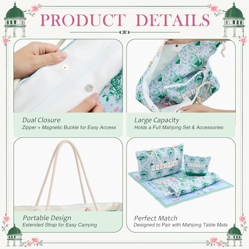 Soulchen 3 Pcs Empty Mahjong Bag Set American Mahjong Buckled and Zippered Carrying Bag with Handle, Tile case and Drawstring Protective Sleeve for Rack Game Accessories Gift Travel(Chinoiserie) - style: Chinoiserie