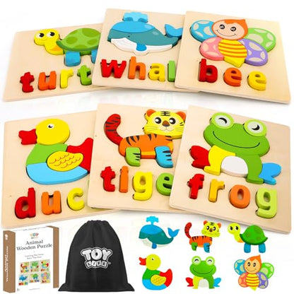 TOY Life Toddler Puzzles Ages 2-4, 6 Animals with Spelling Wooden Puzzles for Toddlers 3-5, Montessori Toys Gifts for 1 2 3 Years Old Boys Girls, Birthday Gifts Educational Learning Toys for Kids - style: Animals with Spelling 6PCS
